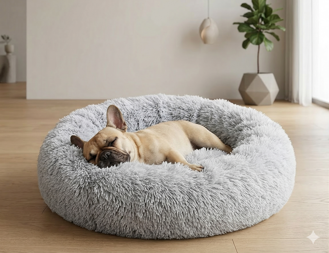 Dog sleeping in the Zenorya Donut Bed in soft grey