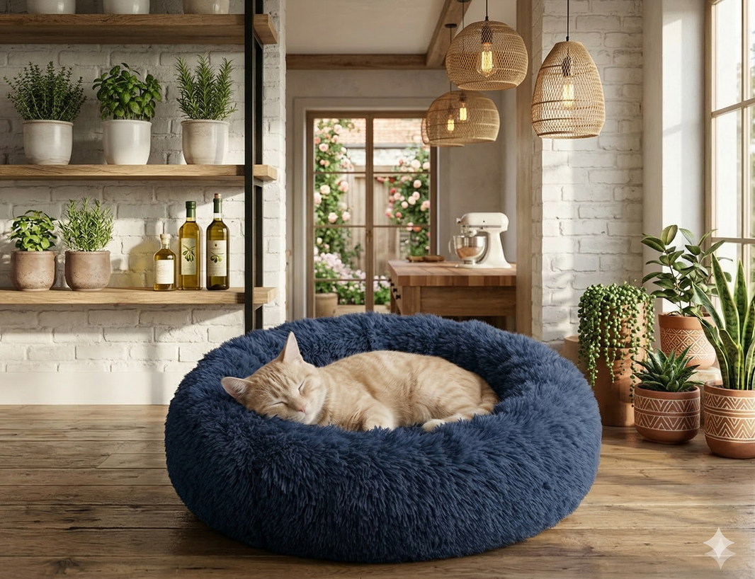 Cat resting in the Zenorya Donut Bed in deep navy